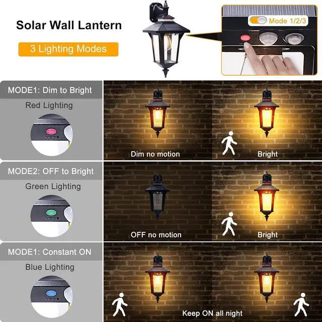 Alt view image 5 of 7 - Solar Wall Lights Outdoor : Dusk to Dawn Solar Porch Ligh,3 Modes & Motion Sensor Waterproof Wall Sconce Lantern Lamp for Patio Garage Garden Barn Yard House, 2 Types of Wall Mount, 2 Pack