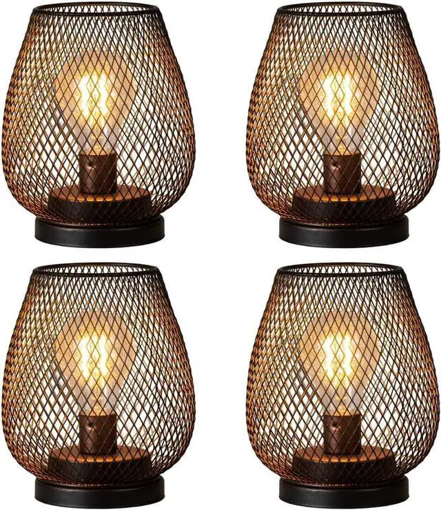 Main image of Set of 4 Battery Operated Lamp LED Table Lantern, Brown Metal Cage Cordless Lamps with LED BulbVintage Decorative Outdoor Lantern for Weddings, Parties, Patio, Events for Indoors Shelf Decor
