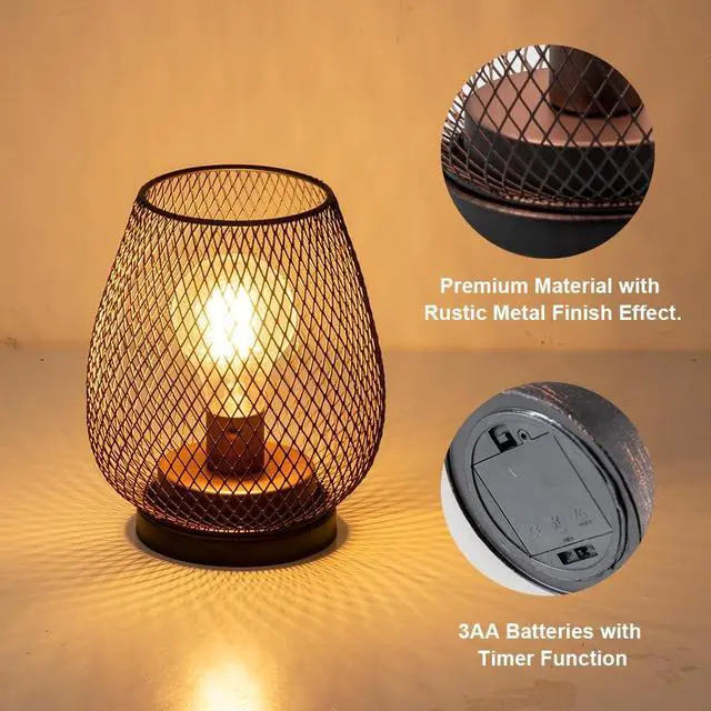 Alt view image 4 of 7 - Set of 4 Battery Operated Lamp LED Table Lantern, Brown Metal Cage Cordless Lamps with LED BulbVintage Decorative Outdoor Lantern for Weddings, Parties, Patio, Events for Indoors Shelf Decor