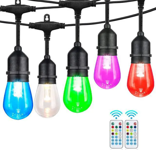 Main image of 96FT Solar Outdoor String Lights, 30 Shatterproof Edison LED Bulbs, Dimmable RGB Color Changing Patio Lights Waterproof with Remote. for Patio Decor, Garden, Yard,Commercial Use.