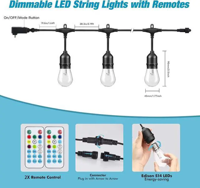 Alt view image 4 of 6 - 96FT Solar Outdoor String Lights, 30 Shatterproof Edison LED Bulbs, Dimmable RGB Color Changing Patio Lights Waterproof with Remote. for Patio Decor, Garden, Yard,Commercial Use.