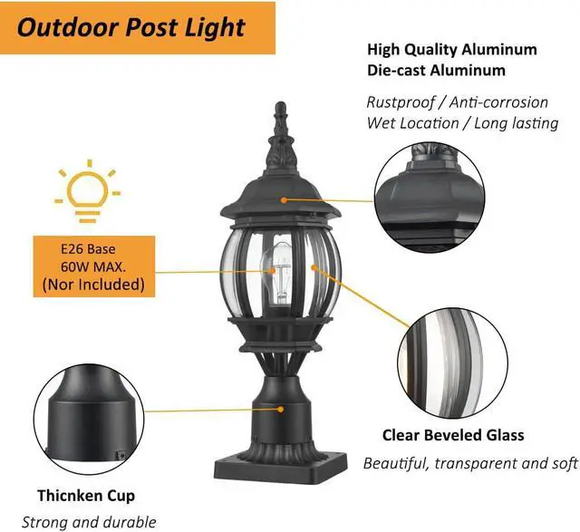 Alt view image 4 of 7 - HOLKIRT Outdoor Post Light,Vintage Lamp Post Light Fixture,Waterproof Exterior Post Lantern with Pier Mount Base for Pathway Garden Post Pole Mount,Matte Black