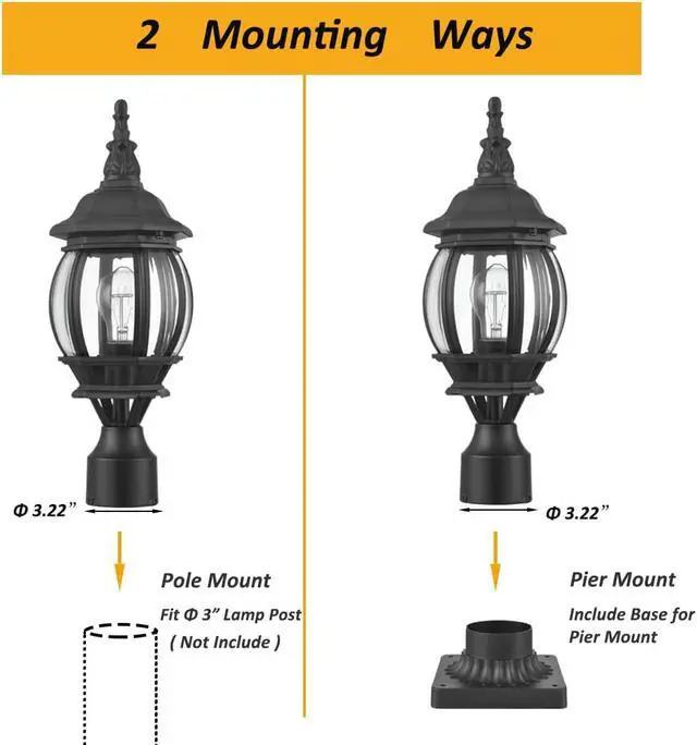 Alt view image 5 of 7 - HOLKIRT Outdoor Post Light,Vintage Lamp Post Light Fixture,Waterproof Exterior Post Lantern with Pier Mount Base for Pathway Garden Post Pole Mount,Matte Black