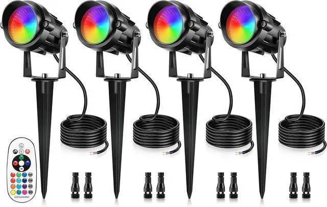 Main image of 12W RGBW Color Changing Landscape Lights - Low Voltage LED Landscape Lighting, Remote Control Spotlight Outdoor Waterproof Garden Pathway Halloween Christmas Spot Lights, 4 Pack with Connector