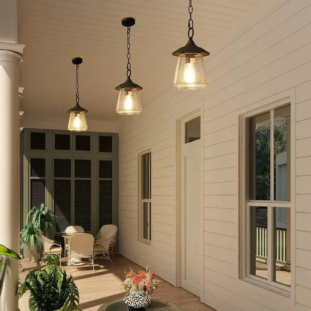 Alt view image 2 of 6 - LOG BARN Outdoor Pendant Lights, Porch Fixture in Painted Black Metal with Clear Bubbled Glass Globe, Hanging Lantern Lamp for Gazebo, Entry, Yard