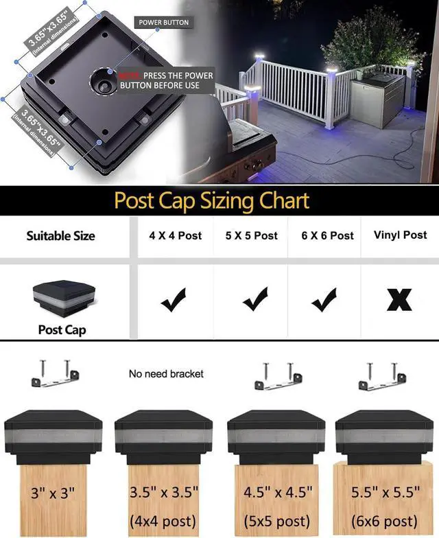 Alt view image 5 of 7 - Solar Post Cap Lights 160 Lumen, 4x4 Post Solar Lights Fits 4x4 5x5 6x6 Wooden Posts, Deck Fence Post Solar Lights Waterproof, Outdoor Post Lights for Porch Patio Garden Landscape Lighting(4 Pack)