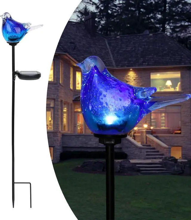 Main image of Afirst Outdoor Solar Garden Lights, Hand Blown Glass Blue Bird Yard Stake
