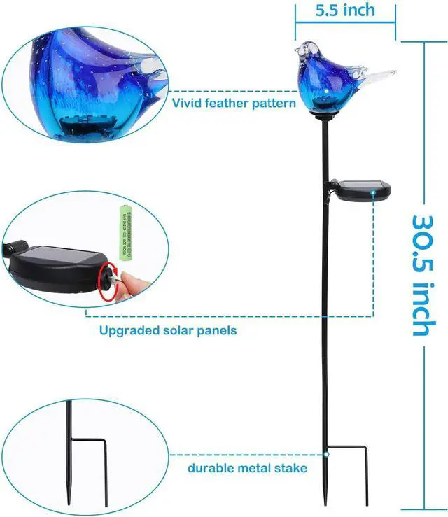 Alt view image 2 of 7 - Afirst Outdoor Solar Garden Lights, Hand Blown Glass Blue Bird Yard Stake