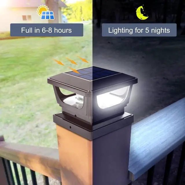 Alt view image 3 of 7 - Solar Post Cap Lights for 3x3 Metal Posts & 4x4 Wood Fence, 4 Pack - IP65 Waterproof, Bright 120 Lumen 6500K Cool White Deck Lighting for Garden, Yard, Porch, Railing, Black Shell