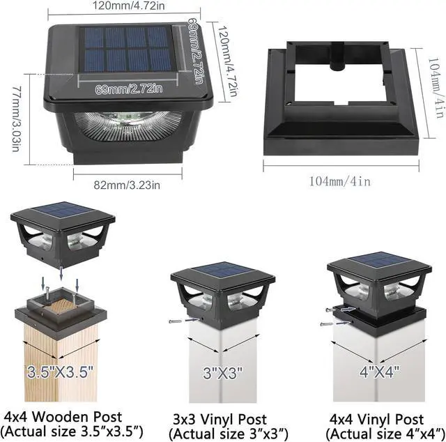 Alt view image 2 of 7 - Solar Post Cap Lights for 3x3 Metal Posts & 4x4 Wood Fence, 4 Pack - IP65 Waterproof, Bright 120 Lumen 6500K Cool White Deck Lighting for Garden, Yard, Porch, Railing, Black Shell