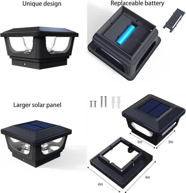 Alt view image 7 of 7 - Solar Post Cap Lights for 3x3 Metal Posts & 4x4 Wood Fence, 4 Pack - IP65 Waterproof, Bright 120 Lumen 6500K Cool White Deck Lighting for Garden, Yard, Porch, Railing, Black Shell