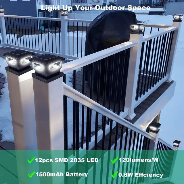 Alt view image 5 of 7 - Solar Post Cap Lights for 3x3 Metal Posts & 4x4 Wood Fence, 4 Pack - IP65 Waterproof, Bright 120 Lumen 6500K Cool White Deck Lighting for Garden, Yard, Porch, Railing, Black Shell