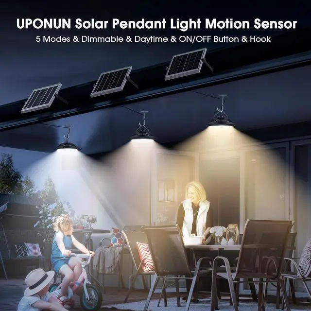 Alt view image 4 of 7 - Solar Pendant Light Motion Sensor, 5 Work Modes for Shed Barn Gazebo | Dimmable Day/Night, 6000K/4000K/3200K with On Off Switch & Remote, IP65 Indoor/Outdoor Hanging Chandelier for Chicken Coop