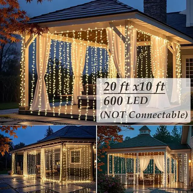 Alt view image 2 of 7 - Solhice LED Curtain Lights Outdoor 20ft x10ft, 600 LED Plug in Hanging String Lights Indoor Bedroom, Twinkle Light Backdrop for Outside Wedding Decor, Warm White (Not Connectable)