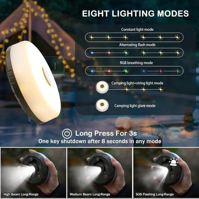 Alt view image 3 of 7 - Sutaig Camping String Lights, 4 in 1 Outdoor Camping Lantern with 8 Lighting Modes(32.8Ft), Quick 30s Recovery, Waterproof, Type-C Fast Charging, Portable Lights for Camping/Yard/Hiking