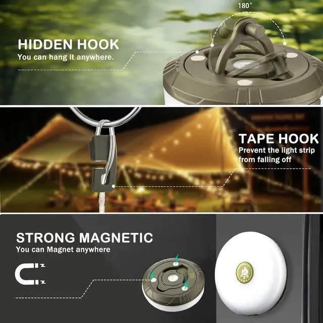 Alt view image 6 of 7 - Sutaig Camping String Lights, 4 in 1 Outdoor Camping Lantern with 8 Lighting Modes(32.8Ft), Quick 30s Recovery, Waterproof, Type-C Fast Charging, Portable Lights for Camping/Yard/Hiking