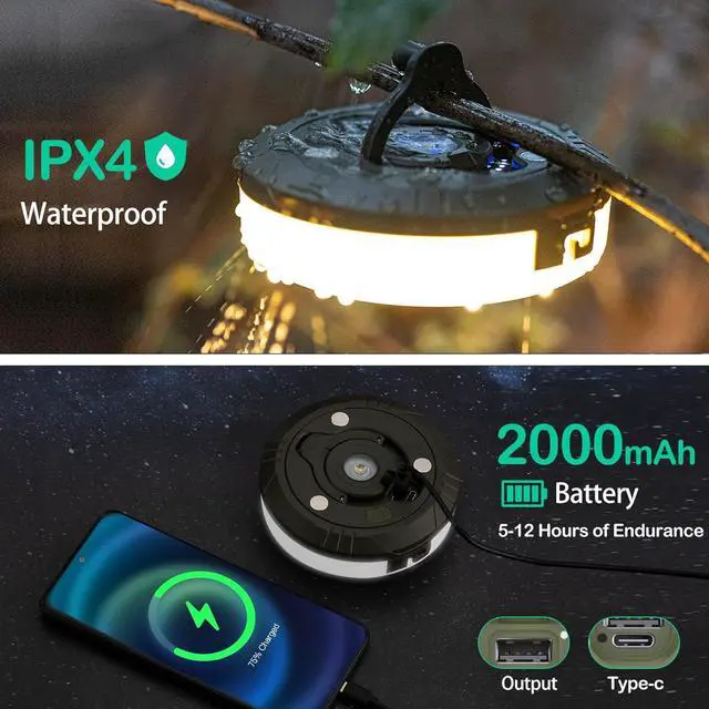 Alt view image 5 of 7 - Sutaig Camping String Lights, 4 in 1 Outdoor Camping Lantern with 8 Lighting Modes(32.8Ft), Quick 30s Recovery, Waterproof, Type-C Fast Charging, Portable Lights for Camping/Yard/Hiking