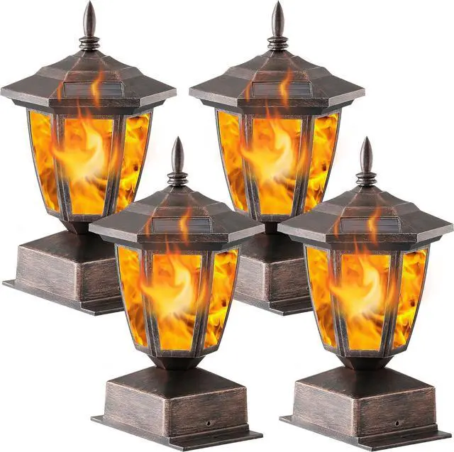 Main image of Dynaming 4 Pack Solar Flame Post Lights Outdoor, Solar Powered Lamps Fence Post Cap Lights, Flickering Flame LED Lantern Waterproof for Garden Deck Patio, Fit 4x4, 5x5 or 6x6 Wooden Posts, Bronze