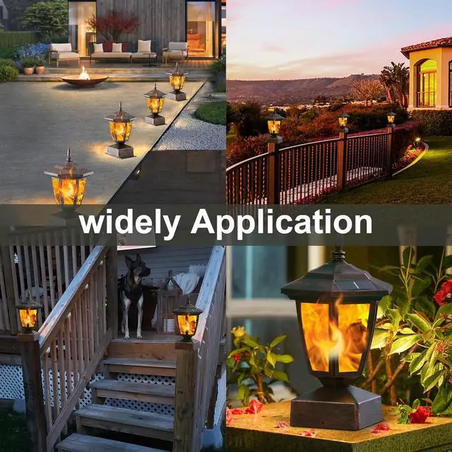 Alt view image 5 of 7 - Dynaming 4 Pack Solar Flame Post Lights Outdoor, Solar Powered Lamps Fence Post Cap Lights, Flickering Flame LED Lantern Waterproof for Garden Deck Patio, Fit 4x4, 5x5 or 6x6 Wooden Posts, Bronze