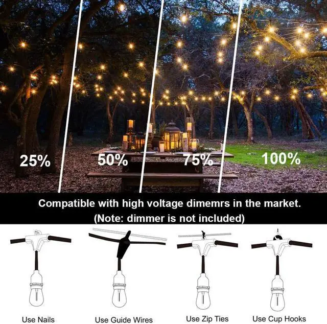Alt view image 4 of 7 - Outdoor String Lights LED 100FT Commercial Grade Heavy Duty Light String Lights with 30 Sockets 32 Shatterproof Plastic Bulbs Include 2 Spare S14 Dimmable Edison Bulbs Patio Market Cafe Light