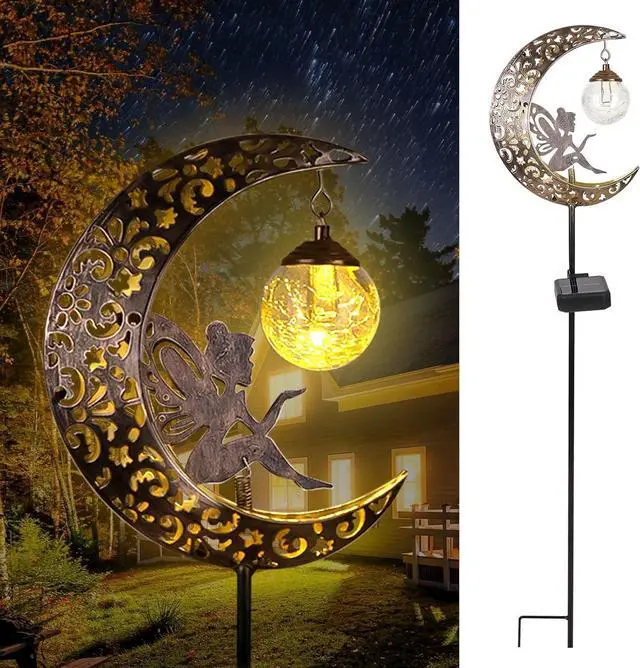Main image of Solar Garden Lights Outdoor Decor,Moon Fairy Crackle Glass Lights,Waterproof Warm White LED Metal Stake Ornament,for Walkway Backyard Patio Lawn Pathway Decorations-Unique Gift Ideas for Gardening