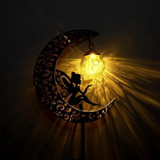 Alt view image 2 of 7 - Solar Garden Lights Outdoor Decor,Moon Fairy Crackle Glass Lights,Waterproof Warm White LED Metal Stake Ornament,for Walkway Backyard Patio Lawn Pathway Decorations-Unique Gift Ideas for Gardening