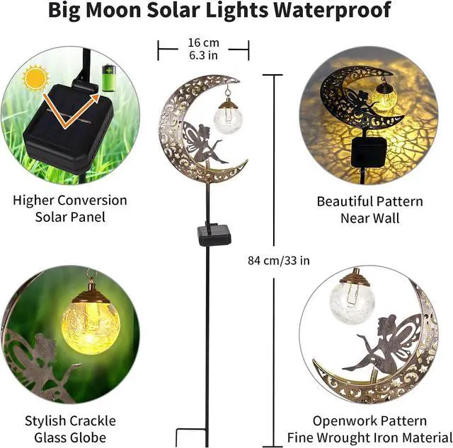 Alt view image 3 of 7 - Solar Garden Lights Outdoor Decor,Moon Fairy Crackle Glass Lights,Waterproof Warm White LED Metal Stake Ornament,for Walkway Backyard Patio Lawn Pathway Decorations-Unique Gift Ideas for Gardening