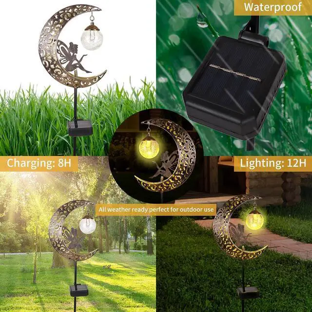 Alt view image 4 of 7 - Solar Garden Lights Outdoor Decor,Moon Fairy Crackle Glass Lights,Waterproof Warm White LED Metal Stake Ornament,for Walkway Backyard Patio Lawn Pathway Decorations-Unique Gift Ideas for Gardening