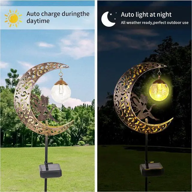 Alt view image 5 of 7 - Solar Garden Lights Outdoor Decor,Moon Fairy Crackle Glass Lights,Waterproof Warm White LED Metal Stake Ornament,for Walkway Backyard Patio Lawn Pathway Decorations-Unique Gift Ideas for Gardening