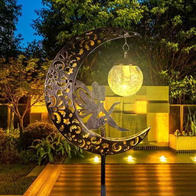Alt view image 7 of 7 - Solar Garden Lights Outdoor Decor,Moon Fairy Crackle Glass Lights,Waterproof Warm White LED Metal Stake Ornament,for Walkway Backyard Patio Lawn Pathway Decorations-Unique Gift Ideas for Gardening