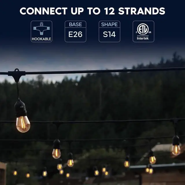 Alt view image 2 of 7 - LUXRITE 48FT LED Outdoor String Lights Commercial Grade Waterproof, 24 Edison S14 Shatterproof Bulbs, Hanging Lights for Patio, IP65, Decorative Outside Lights for Backyard Garden Cafe Balcony