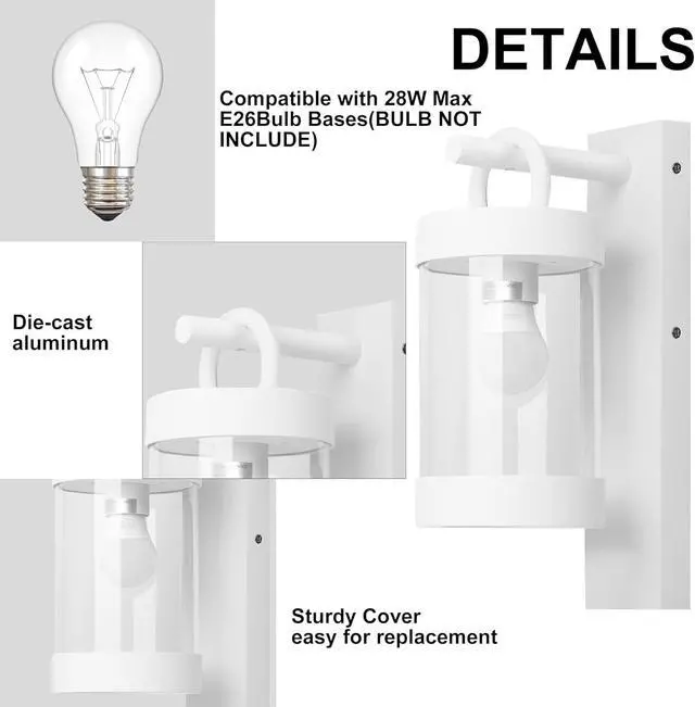 Alt view image 3 of 7 - Porch Light White Dusk to Dawn Outdoor Wall Light, 13in Large Exterior Lighting Fixture for House Garage Front Door, Waterproof Outside Hanging Lamp E26 Wall Mount Lantern (Bulb Not Included)