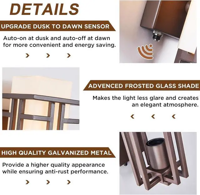 Alt view image 3 of 7 - Oil Rubbed Bronze Porch Light Dusk to Dawn Outdoor Sconce Matte Brown Wall Lantern with Frosted Glass Outside House Lighting Waterproof Exterior Light Fixture for Patio Yards Garage Front Door