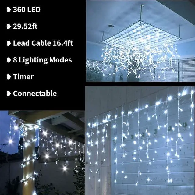 Alt view image 2 of 7 - Toodour Christmas Icicle Lights Outdoor, 360 LED 29.5ft 8 Modes Fairy Icicle String Light with 60 Drops, Led Christmas Lights Twinkle for Holiday, Party, Wedding, Eaves, Xmas Decorations (White)