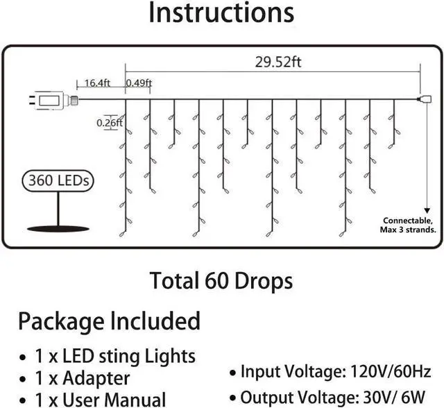 Alt view image 3 of 7 - Toodour Christmas Icicle Lights Outdoor, 360 LED 29.5ft 8 Modes Fairy Icicle String Light with 60 Drops, Led Christmas Lights Twinkle for Holiday, Party, Wedding, Eaves, Xmas Decorations (White)