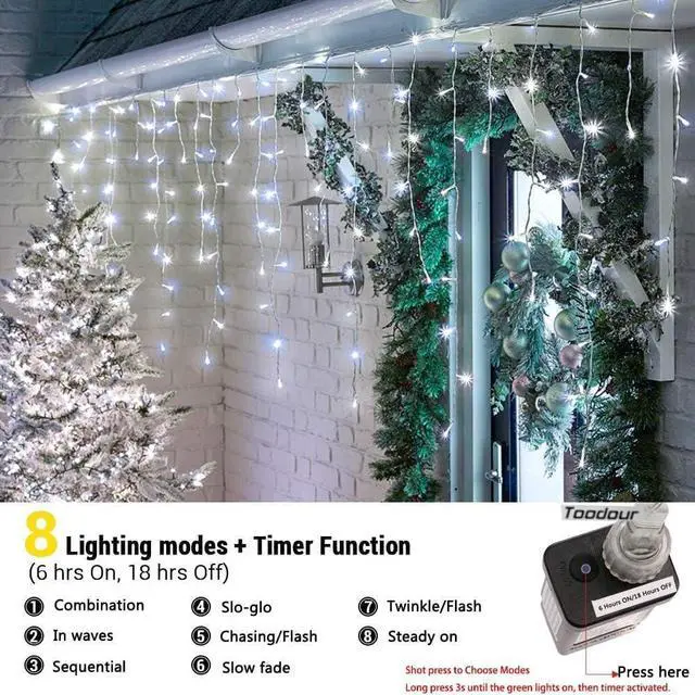 Alt view image 4 of 7 - Toodour Christmas Icicle Lights Outdoor, 360 LED 29.5ft 8 Modes Fairy Icicle String Light with 60 Drops, Led Christmas Lights Twinkle for Holiday, Party, Wedding, Eaves, Xmas Decorations (White)