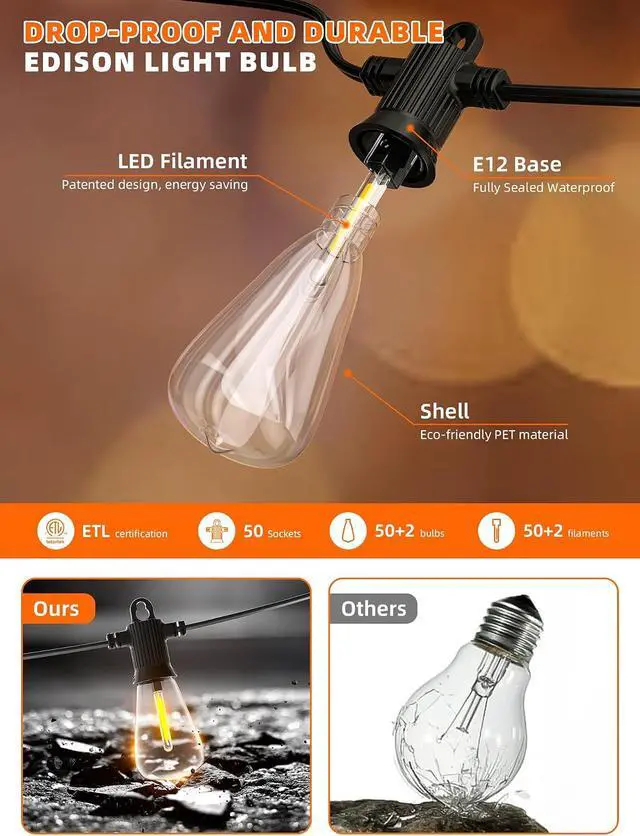Alt view image 6 of 7 - Kawaya Solar Powered String Lights for Outside: 100 FT LED Outdoor Patio Lights with USB-Charging - IP65 Waterproof Hanging Light - 50+2 Shatterproof Edison Bulbs for Bistro Cafe Camp Yard Balcony