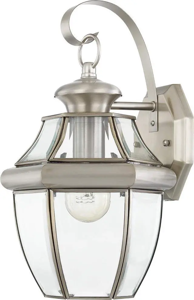 Main image of Livex Lighting 2151-91 Monterey 1 Light Outdoor Brushed Nickel Finish Solid Brass Wall Lantern with Clear Beveled Glass 13" x 8.5" x 8.25"