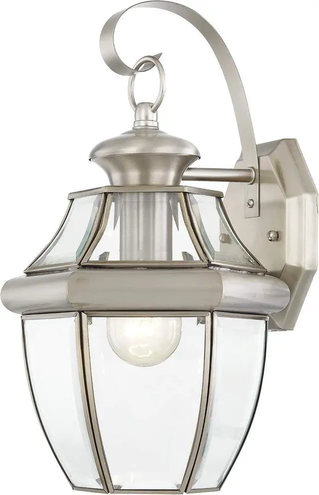 Alt view image 2 of 5 - Livex Lighting 2151-91 Monterey 1 Light Outdoor Brushed Nickel Finish Solid Brass Wall Lantern with Clear Beveled Glass 13" x 8.5" x 8.25"