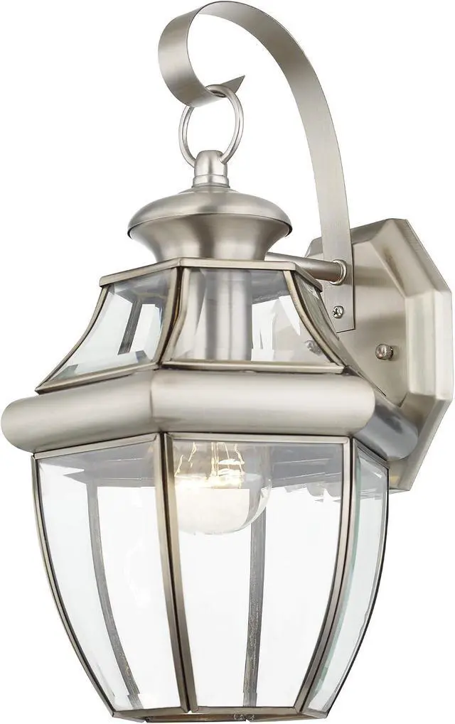 Alt view image 4 of 5 - Livex Lighting 2151-91 Monterey 1 Light Outdoor Brushed Nickel Finish Solid Brass Wall Lantern with Clear Beveled Glass 13" x 8.5" x 8.25"