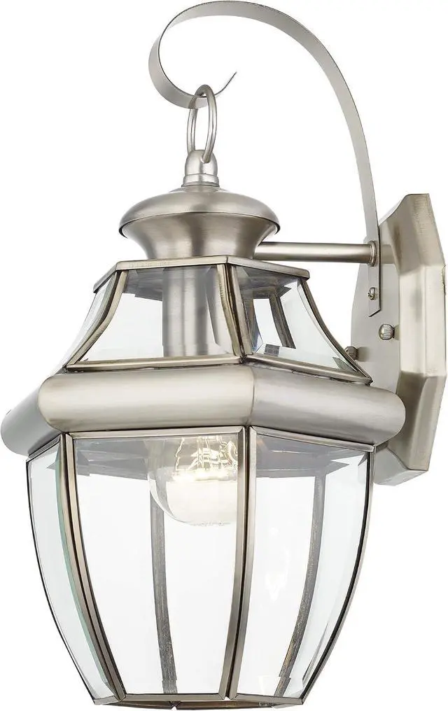 Alt view image 3 of 5 - Livex Lighting 2151-91 Monterey 1 Light Outdoor Brushed Nickel Finish Solid Brass Wall Lantern with Clear Beveled Glass 13" x 8.5" x 8.25"