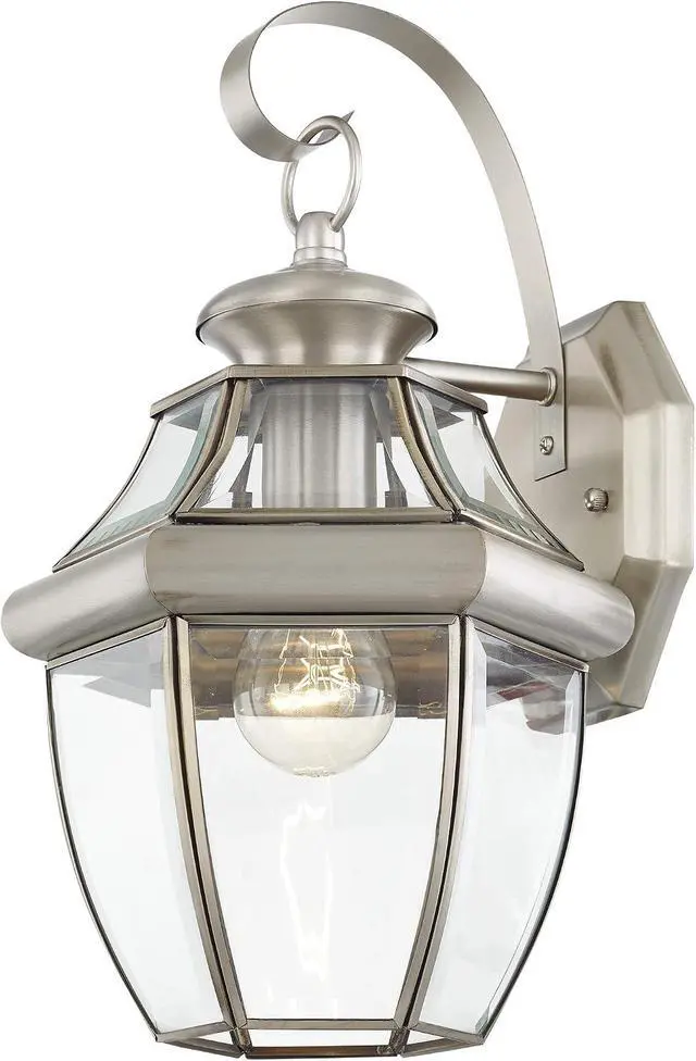 Alt view image 5 of 5 - Livex Lighting 2151-91 Monterey 1 Light Outdoor Brushed Nickel Finish Solid Brass Wall Lantern with Clear Beveled Glass 13" x 8.5" x 8.25"