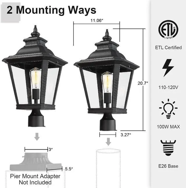 Alt view image 3 of 7 - Large Outdoor Post Light Fixtures 21'' Lamp Post Light Fixture Black Finish Waterproof Anti-Rust Aluminum Pillar Outside Lighting for Walkway, Driveway, Patio, Porch
