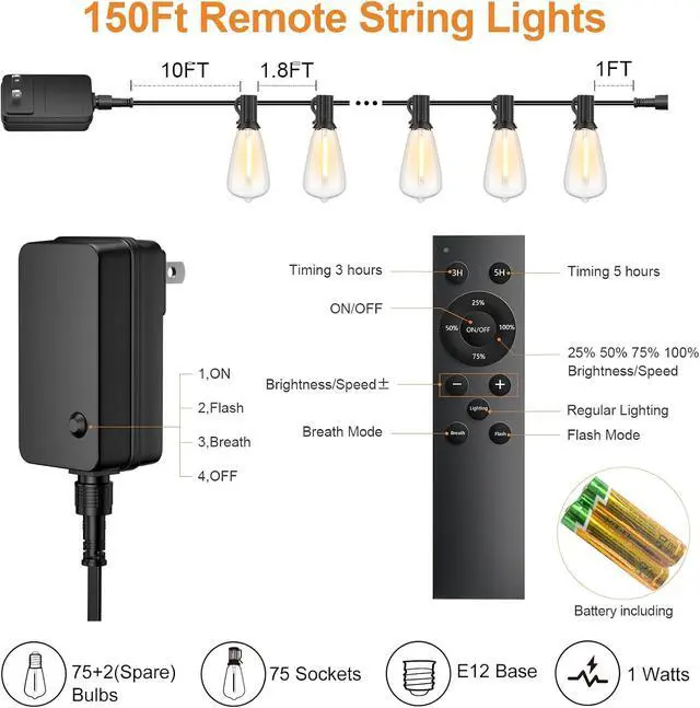 Alt view image 6 of 7 - 150FT Outdoor String Lights with Remote, Garden Patio Decor with 2500K Warm White, 75+3 LED Edison Bulbs, Support Timer Dimmable Waterproof Shatterproof for Yard Outside Porch Deck Backyard (24v)