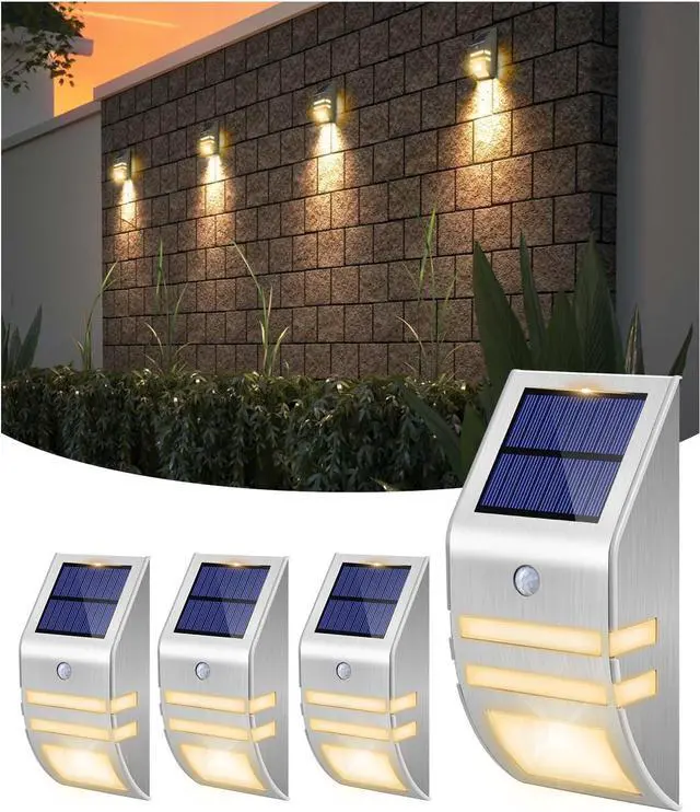 Main image of 4 Pack Solar Stainless Steel Fence Lights Outdoor Waterproof Motion Sensor Wall Sconce for Backyard Post, Deck, Porch, Stair Rail, Dock, Gate, Walkway, Steps, Patio, Garden, Ambiance Warm Lighting