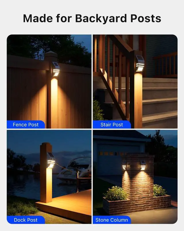 Alt view image 6 of 7 - 4 Pack Solar Stainless Steel Fence Lights Outdoor Waterproof Motion Sensor Wall Sconce for Backyard Post, Deck, Porch, Stair Rail, Dock, Gate, Walkway, Steps, Patio, Garden, Ambiance Warm Lighting
