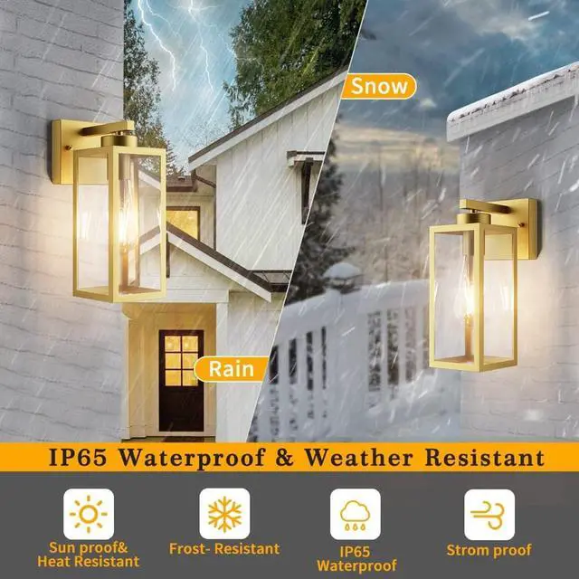 Alt view image 2 of 7 - Tipace Outdoor Wall Lantern 2 Pack Gold Exterior Wall Sconce with Clear Glass Shade Wall Mount Lights for Entryway,Porch,Doorway(Bulb Not Included)