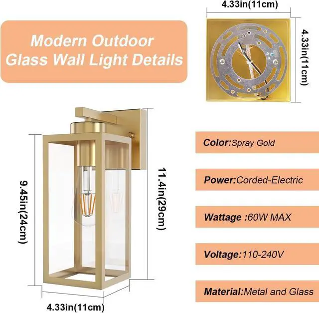 Alt view image 5 of 7 - Tipace Outdoor Wall Lantern 2 Pack Gold Exterior Wall Sconce with Clear Glass Shade Wall Mount Lights for Entryway,Porch,Doorway(Bulb Not Included)