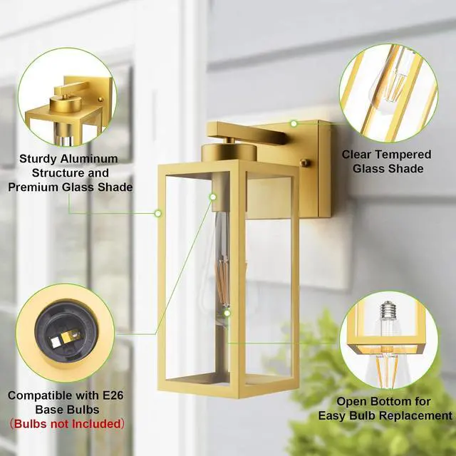 Alt view image 3 of 7 - Tipace Outdoor Wall Lantern 2 Pack Gold Exterior Wall Sconce with Clear Glass Shade Wall Mount Lights for Entryway,Porch,Doorway(Bulb Not Included)