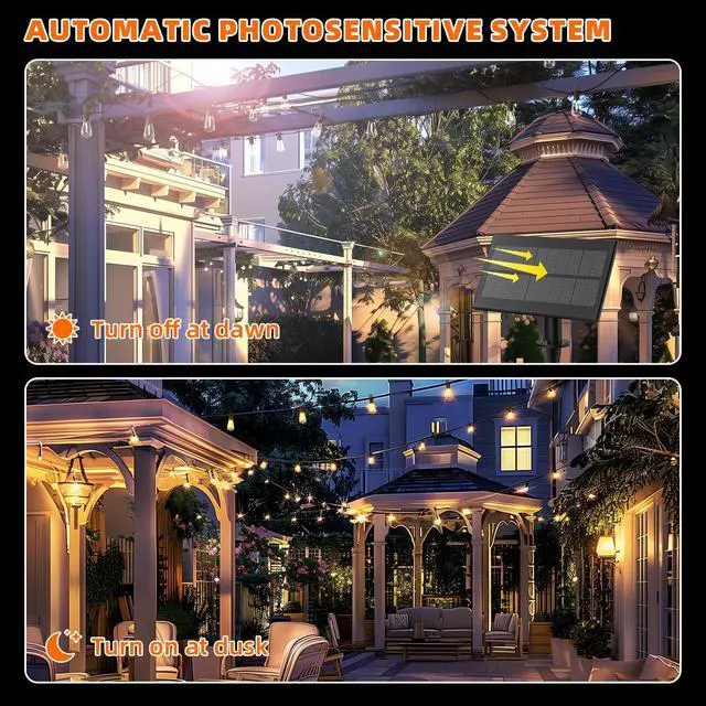 Alt view image 2 of 7 - Kawaya Solar Powered String Lights for Outside: 100 FT LED Outdoor Patio Lights with USB-Charging - IP65 Waterproof Hanging Light - 50+2 Shatterproof Edison Bulbs for Bistro Cafe Camp Yard Balcony
